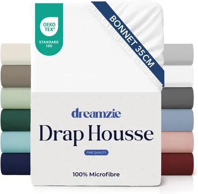 Feuille de lit Dreamzie ajustée 140 x 190/200 cm - Poches profondes pour matelas épais - 100% Microfibre - Blanc cassé, Certifié sans produits chimiques