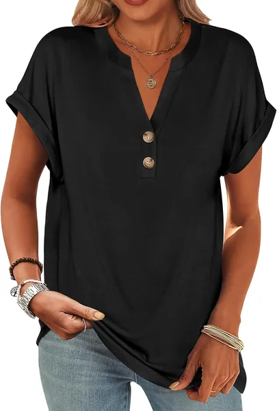 ANRABESS Womens Short Sleeve Henley Tops V Neck Dressy Casual Blouses Summer Trendy Tee Shirts