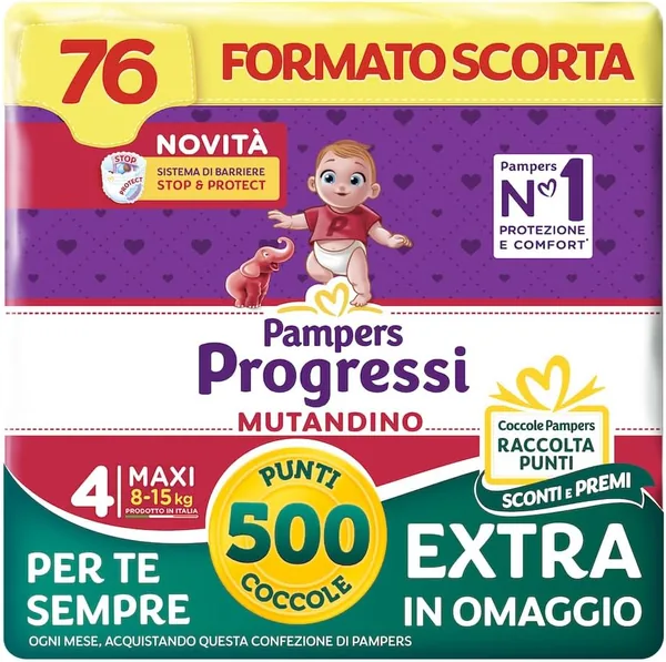 Pampers Progressi Maxi Pantie, Taglia 4 (8-15 kg), Stock, Barriera Stop & Proteggi, Per Pelle Delicata, Rimozione Facile, Senza Gancetti, F