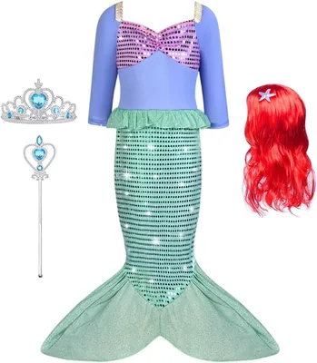 AUYAO Mermaid Princess Kostum, Med Tillbehör och Peruk, Smal