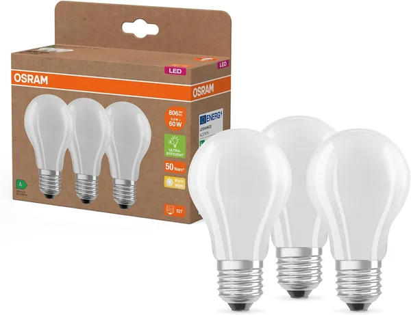 Lámparas LED de Alta Eficiencia OSRAM, Clase de Eficiencia Energética A, Pack de 3 Bombillas, Reemplazan 60W Lámparas Incandescentes Tradicionales, Mejor Precio