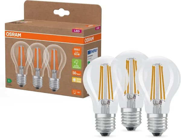 Osram High-Efficiency LED Bulbs with Energy Efficiency Class A, Value Pack with 3 Bulbs, Replaces Conventional 60 W Bulbs, Pear Shape, Warm White (2700 K), E27, Filament Glass
