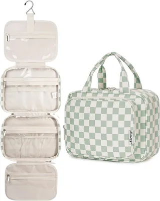 Sac de toilette norvégien pour voyage, sac cosmétique suspendu pour femme, organisateur de maquillage pour accessoires de taille standard (Vert Menthe Chessboard)