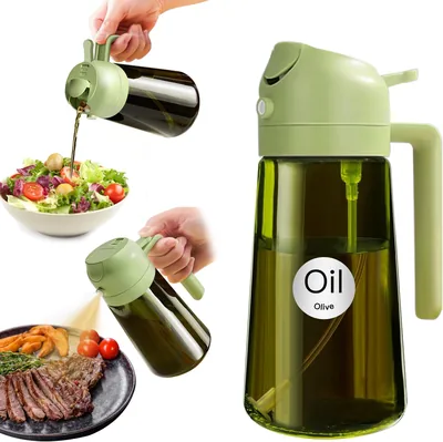 YARRAMATE Spruzzo di Olio in Vetro Scuro Verde Blocco 2 in 1 per Aria Fritta, Bottiglia Dispenser Olio da 470 ml e Kit Dispenser Cucina