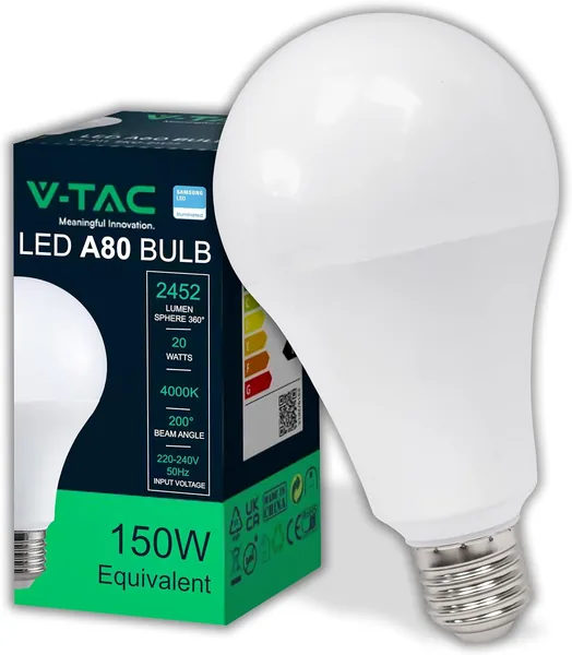 V-TAC A80 LED Bulb with E27 Base 20W (Equivalent to 150W) - 2452 Lumens