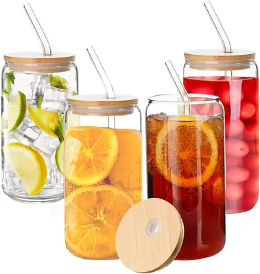 Set de 4 Vasos de Vidrio con Tapas y Cepillo de Limpieza para Cerveza y Café