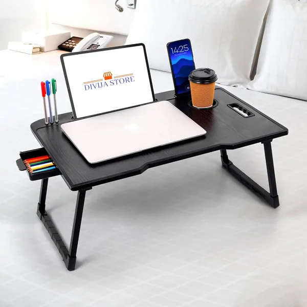 Divija STORE Foldable Wooden Mini Laptop Table for Bed, Study Table with Drawer, Tablet/Mobile Holder