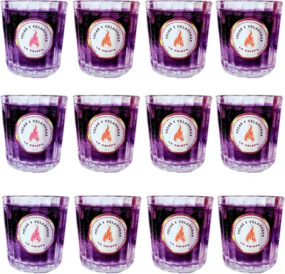 Veladoras Moradas en Vaso de Vidrio 65 g Parafina Sin Aroma - Pack de 12 | Mejor Precio
