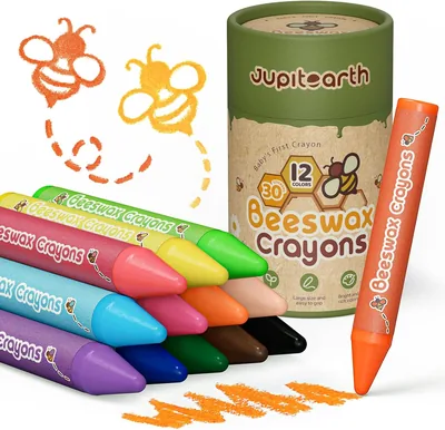 Jupitearth Beeswax Crayons for Kids 1-3, 12 Non-Toxic Washable Jumbo Crayons