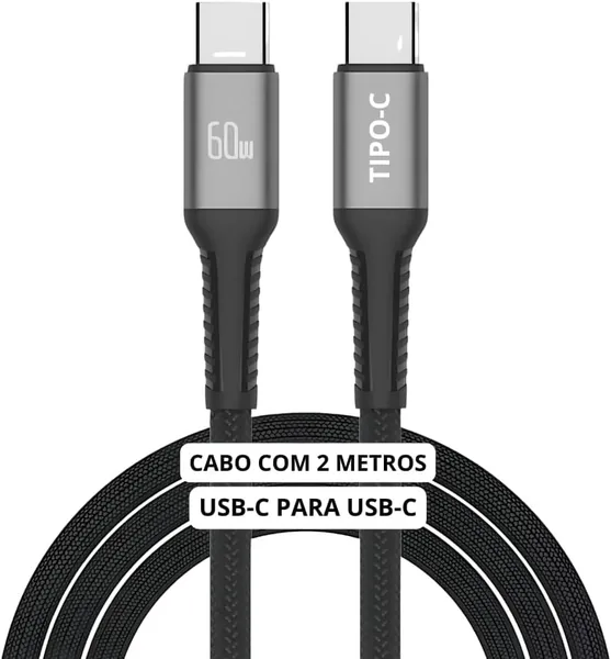 Cabo USB-C para USB-C 2 Metros 60W Turbo Carregamento R pido - Nylon Tran ado Refor ado Compat vel iPhone 15/16 Samsung Galaxy Xiaomi MacBook Notebook Tablet - Preto/Branco