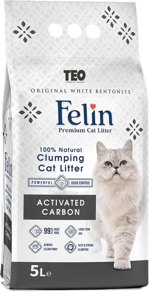 Teo Premium Pet Supplies Felin Cat Litter Clumping 100% Natural Bentonite, Clumping 99.5% Dust Free, Forever Fresh, Pet-Friendly, Fighting with Odors Activated Carbon (5 L)