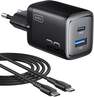 INIU 30W Chargeur USB-C, Adaptateur de Chargement PD Type C Rapide avec Câble USB-C pour iPhone 17/16/15