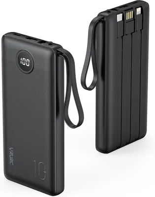 VRURC Power Bank 10000 mAh Slim con Cavi Integrati, Caricabatterie Portatile USB C con 4 Uscite e 2 Entrate, LED Display Digitale