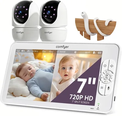 Comfyer BM01 Split-Screen Baby Monitor med 2 Kameror, 7-Tukn HD 720P, Videoöverväker utan WLAN med Halter och IR Nattvision - 10% avrinkt
