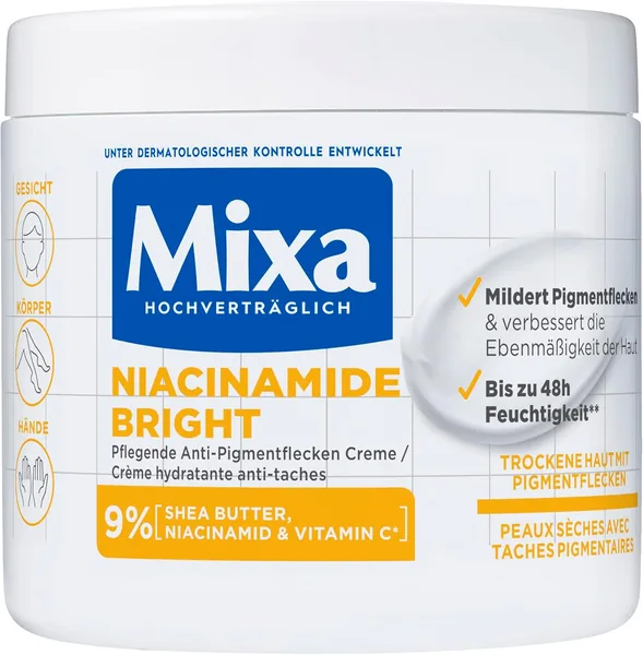 Crème hydratante Mixa contre les taches pigmentaires, visage, corps et mains, éclaircissante à la niacinamide, hypoallergénique, 400 ml - 60% de réduction