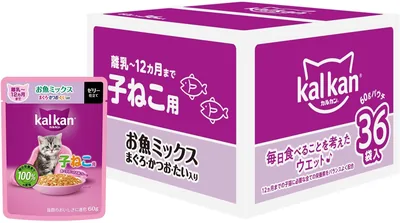 Kal Kan ポーチ ウェットフード キッテン用、60g×36パック（魚ミックス：チューナ、ボニート、シーバレム）、生後1か月～12か月用