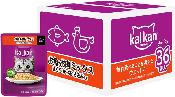 Cat Food Wet Calcan Pouch, 1 Year Old to 2.1 oz (60 g) x 36 Bags, Mixed Fish and Meat, Tuna, Bonito