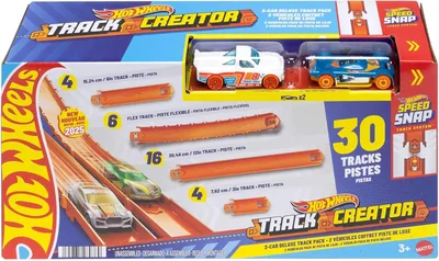 Hot Wheels Zestaw utworów Track Creator Deluxe Track Set z zabawkowymi samochodami, 2 metalowe pojazdy