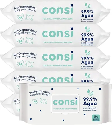 Consi Toallitas Humedas Bebe y Niños (99.9% Agua) Hipoalergénicas, Libre de Sulfatos y Parabenos - 20% Off