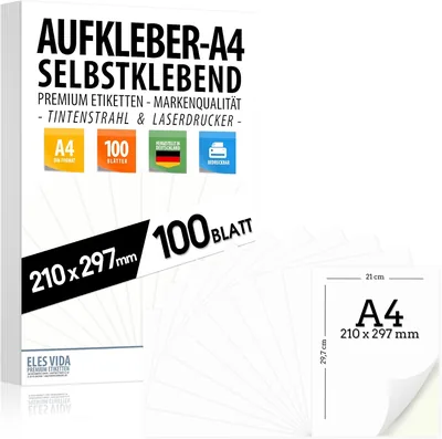 100 Étiquettes DIN A4, 210 x 297 mm, imprimables universellement, surface mate blanche, compatibles inkjet et laser