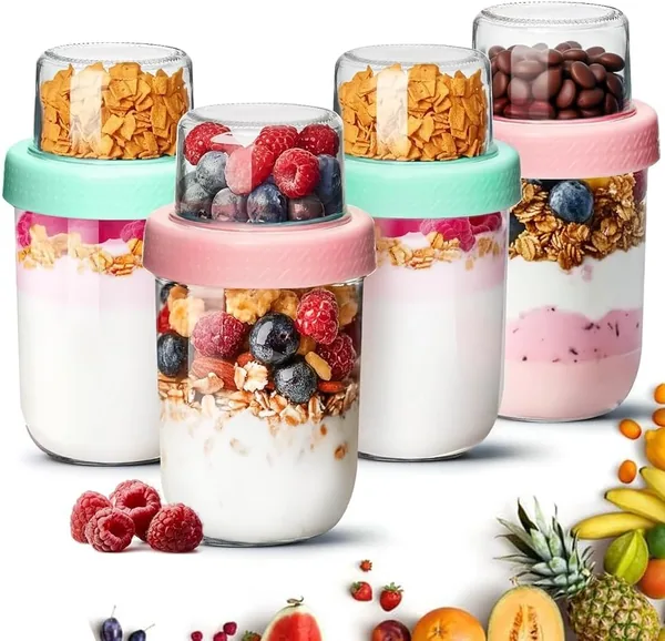ComSaf Kubek na Musli 4 szt., 480 ml ze Szklanego Pojemnika z Górną Przegródką 120 ml, Dwuwarstwowy Kubek na Jogurt - Best Deal