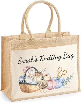 Personalized Jute Knitting Tote Bag - Name Embroidery