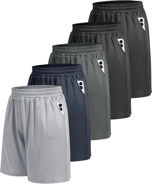 BOOJO 5 Pack Athletic Gym Mens Shorts - Workout Black Quick Dry Basketball Shorts with Pockets for Running Casual Activewear