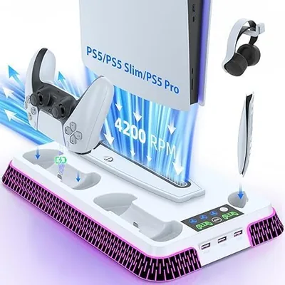 محطة تبريد PS5، واقف PS5 Pro RGB ومروحة عاكسة للحرارة مع محطة شحن مزدوجة لـ PS5، مجموعات إكسسوارات PS5، واقف عمودي