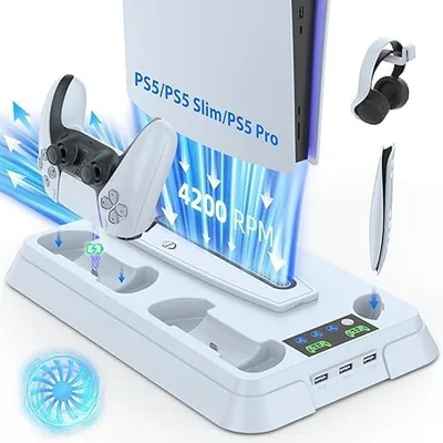 محطة تبريد PS5، قائم RGB مع مروحة توربو ثنائية الشحن لمحطة PS5، مجموعة اكسسوارات PS5، قائم عمودي