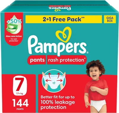 Pampers Rash Protection Pants Diapers Size 7 +50% Aloe Vera Lotion 360° Leak-Free Fit