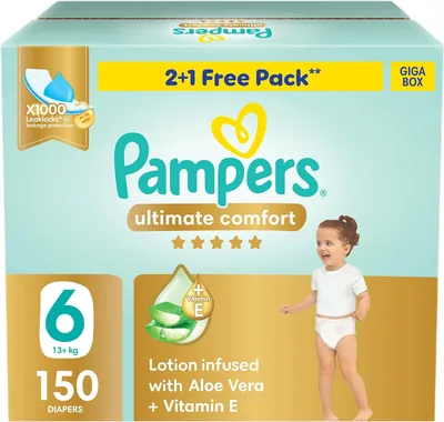 Pampers Ultimate Comfort Taped Diapers, Size 6, 13+kg, Aloe Vera & Vitamin E Lotion, 1000 Leak Locks, 11% Off