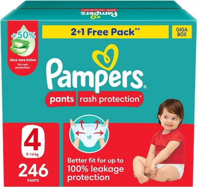 Pampers Rash Protection Pants Diapers, Size 4, 9-14kg +50% Aloe Vera, 360° Leak-Free Fit (Save 9%)