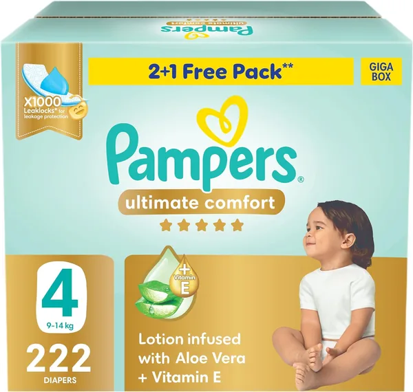 Pampers Ultimate Comfort Taped Diapers, Size 4, 9-14kg, Lotion infused with Aloe Vera and Vitamin E, x1000 Leak Locks Technology for Leakage Protection, 222 Count