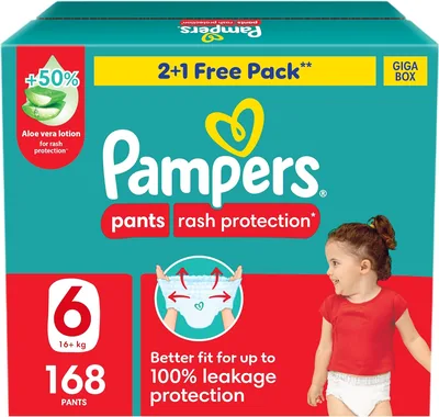Pampers Rash Protection Pants Diapers, Size 6, 16+kg, +50% Aloe Vera Lotion, 360° Leak-Free Fit, 9% Off