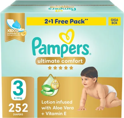 Pampers Ultimate Comfort Taped Diapers, Size 3 (6-10kg), Aloe & Vitamin E, 1000 Leak Locks, 1000pcs - 11% Off