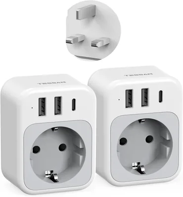 Adaptador TESSAN 2x UK Plug con USB-C y 2x USB A, 4 en 1 Tipo G, Español - Inglés, 3250W