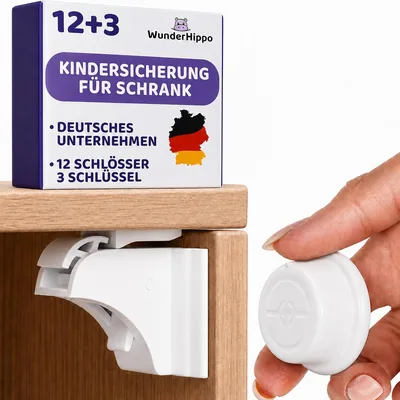 WunderHippo Magnetische Kindersperre 12 Sperren + 3 Schlüssel - Unsichtbare Magnetsperrung - Schrank- & Schubladesperre Ohne Bohren - Weiß