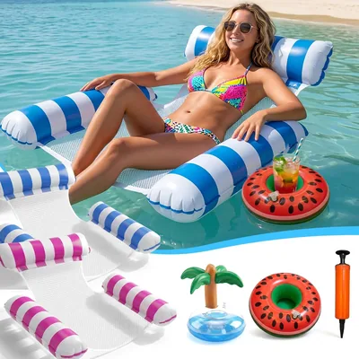 Lilo Pool Inflatables 2 Pack - 4 in 1 Water Hammock with Drink Holders & Air Pump Best Deal