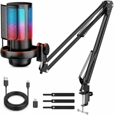 Micrófono Anykuu PC Condensador para Juegos con Brazo Ajustable | Silenciador Táctil para Podcast, Estudio de Juego y YouTube