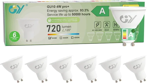 GY GU10 LED Bulb 4W (Equivalent to 60W), Warm White Light 3000K, 720 Lumens, 110 Beam Angle, Non-Dimmable, Energy Saving Bulb Class A