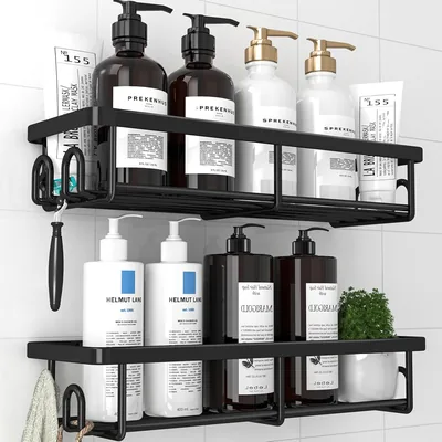 Kitsure Shower Caddy No Perforation - 2x Porte-serviettes adhésif en acier inoxydable avec crochets, stockage pour salle de bain, anti-rouille, bleu