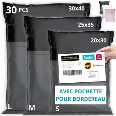 Emballax - 30 Vinted Paquets d'emballage - Pouch pour Borderau - Taille S/M/L - Opaque/Ultra-léger/Imperméable - Plastique d'expédition E