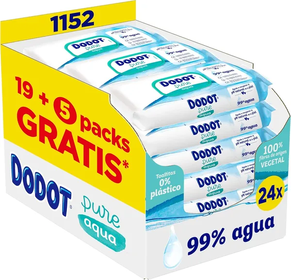 Dodot Pure Aqua Wipes for Baby 1152 Wipes (24 Packs of 48 Units) Helps Restore Natural PH of Skin 99% Water Plastic-Free