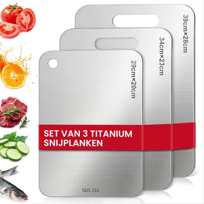 Bafeil Titanium Snijplanken Set van 3 stuks, S316 RVS | Dubbelzijdig, Voedselveilig voor Vlees, Groenten en Fruit