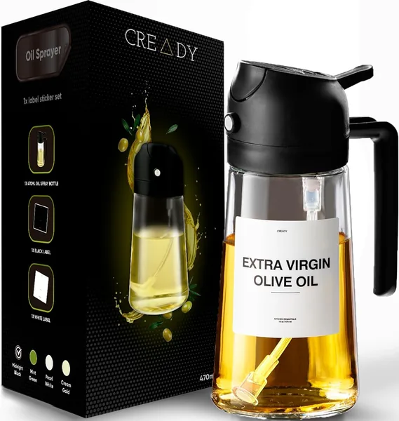 CREADY Czarny Spray Oleju Kuchennego 470ml | Dozownik Oleju Spray 2 w 1 | Frytownica Powietrza Spray Oleju