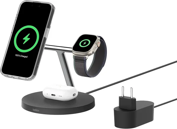 Belkin BoostCharge 3-in-1 Qi2 Ladegerät met MagSafe Compatibiliteit, Draadloze Oplader voor Apple iPhone 16 - 62% Korting