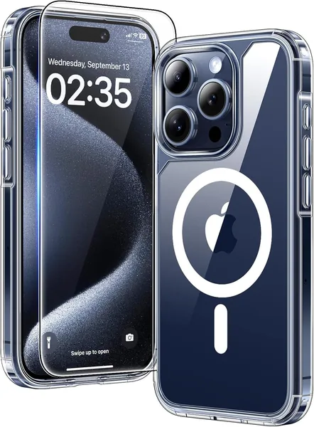 Funda Magnética TAURI para iPhone 15 Pro MAX con Protector de Pantalla de Vidrio Templado, Compatible con MagSafe, sin Amarilleo, Protección Militar - 24% Off