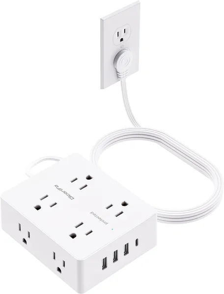Olcorife Ultra Thin Flat Plug Extension Cord, 10 ft Cord, 8 Outlets, 4 USB Ports(1 USB C), College Dorm Room Essentials, White