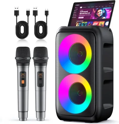 Karaoke Machine, Bluetooth Speaker with 2 Wireless Microphones Adults Kids | Dual Powerful Speakers,