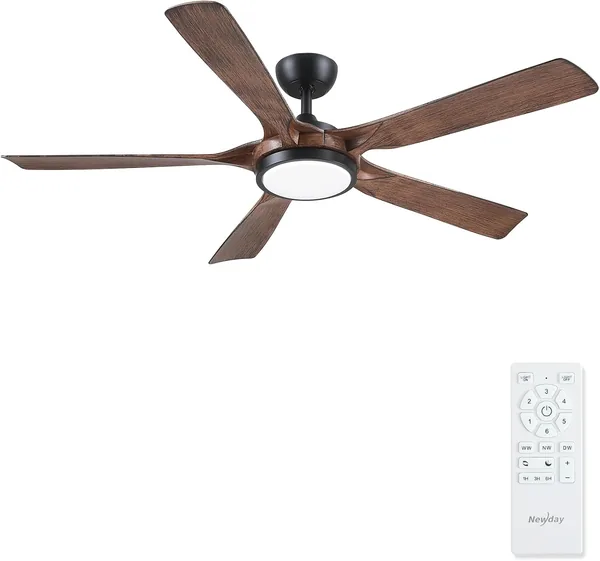 Newday 142 cm Grand Ventilateur au Plafond Noir et Bois avec Télécommande Silencieuse, Lumière Dimmable, 3 Minuteries, Moteur DC pour Chambre à Coucher Salon